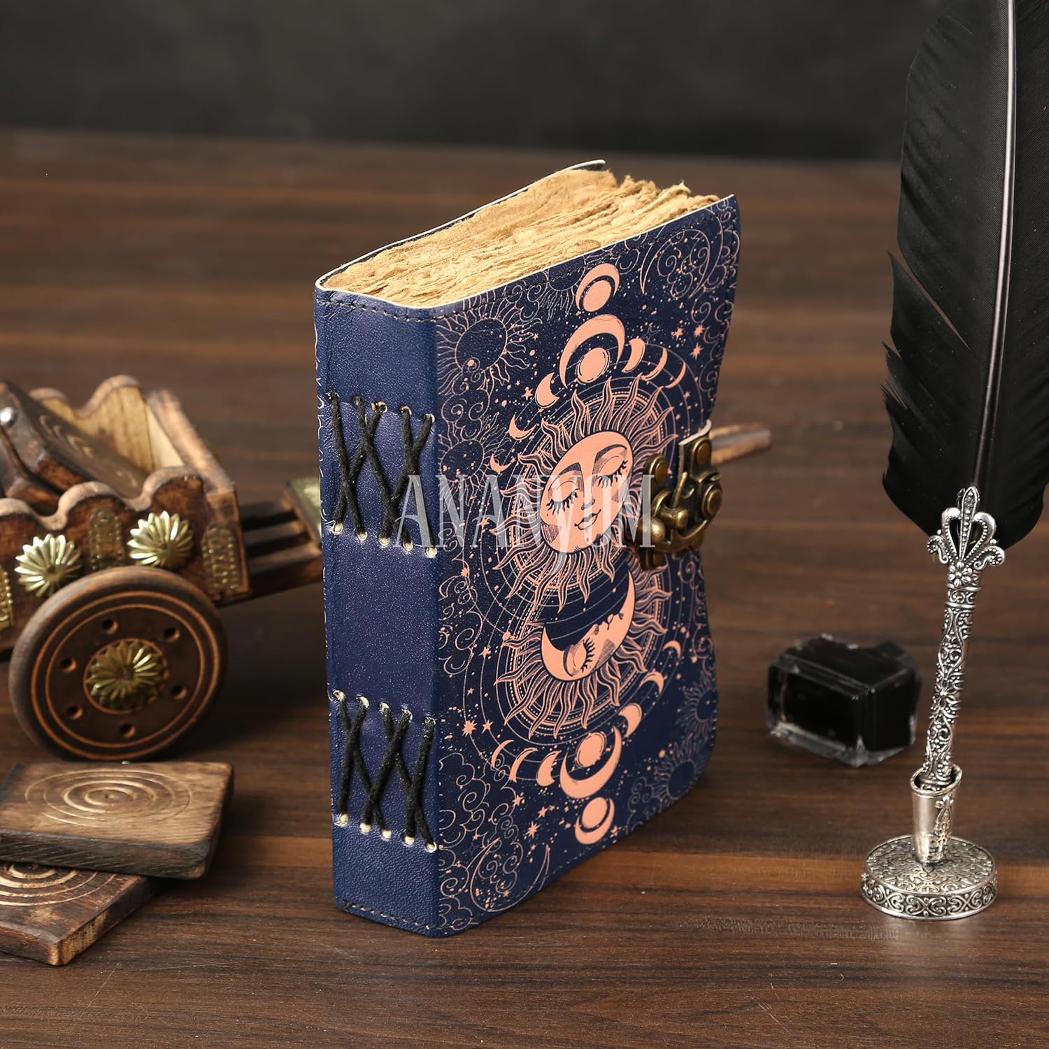 Leather Journal Refillable Notebook 8x5 Inch – Royal Blue Sun & Moon Design | Vintage Writing Journal for Women & Men | 200 Unruled Dackle edge Pages, Brass Clasp Lock, Genuine Leather Diary - Image 6