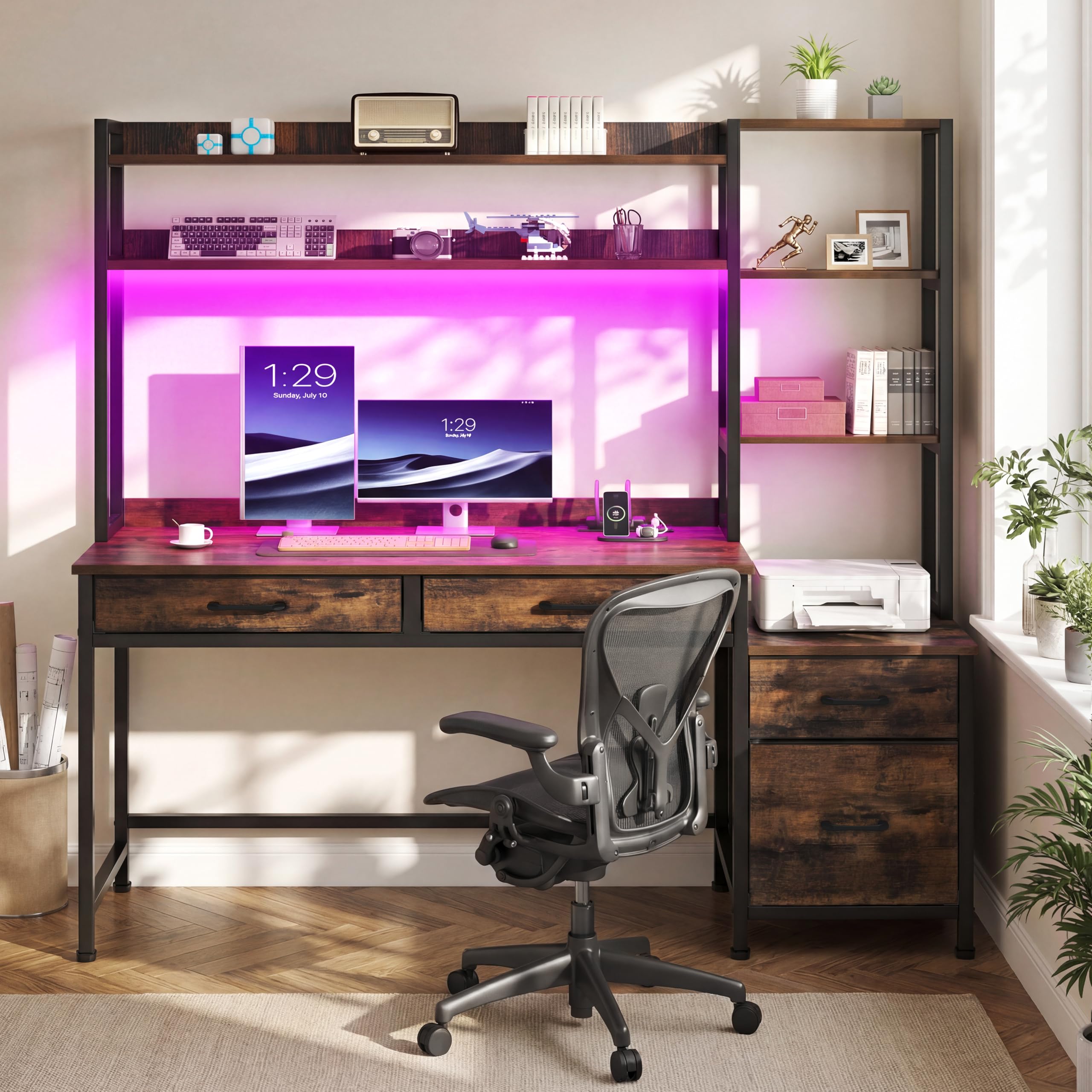 YITAHOME Computer Schreibtisch mit Schubladen, 150W x 50D x 150H cm Eckschreibtisch Für Home Office, Computer Tisch Aufbewahrungen & Regale, Gaming Schreibtisch mit LED Licht & Steckdosen, Braun