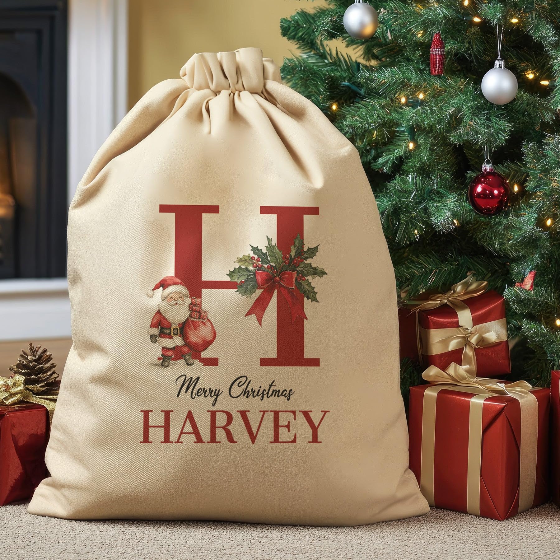 The Gift Project Biege Personalised Merry Christmas Initial And Name - Christmas Santa Sack