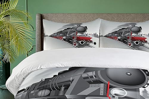 Miniatura 3 de Ambesonne Juego de funda de edredón con motor de vapor, locomotora de tren rojo y negro sobre vía de tren de acero, estampado gráfico de aventuras y