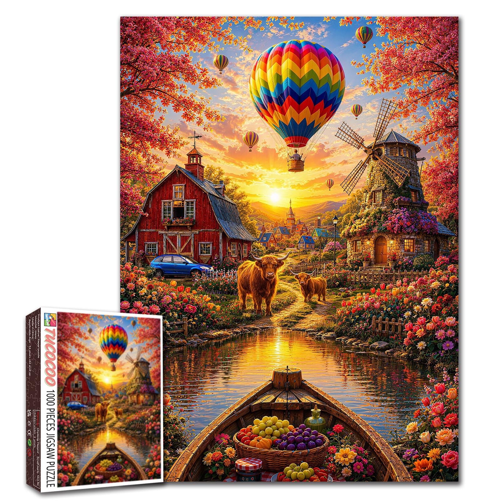 Cottagecore Village 1000 Piece Jigsaw Puzzles for Adults Hot air Balloon Jigsaw Puzzle for Challenging Family Activity Game Farm Windmill Artwork Puzzle for Home Decor Unique Gifts 19.7"x27.6" — image 1