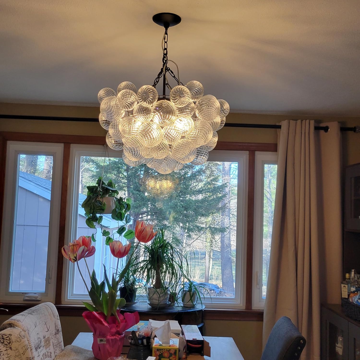 Hand Blown Glass Bubble Ball Chandelier Black Finish 24" Pendant Light Fixture Art Deco Cluster Swirled Ribbed Glass Globe Lighting for Bedroom Dining Restaurant Bedroom Bathroom Entry
