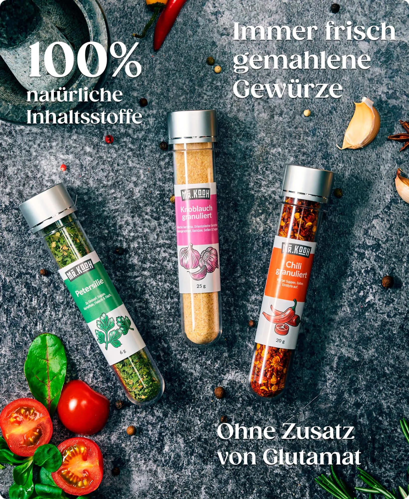 Mr. Kooh Gewürze Set - 24 Hochwertige Gewürzmischungen in Glasröhrchen mit Robustem Holzständer - 100% Natürliche BBQ Grillgewürze, Ideal als Exklusives Geschenkset für Feinschmecker