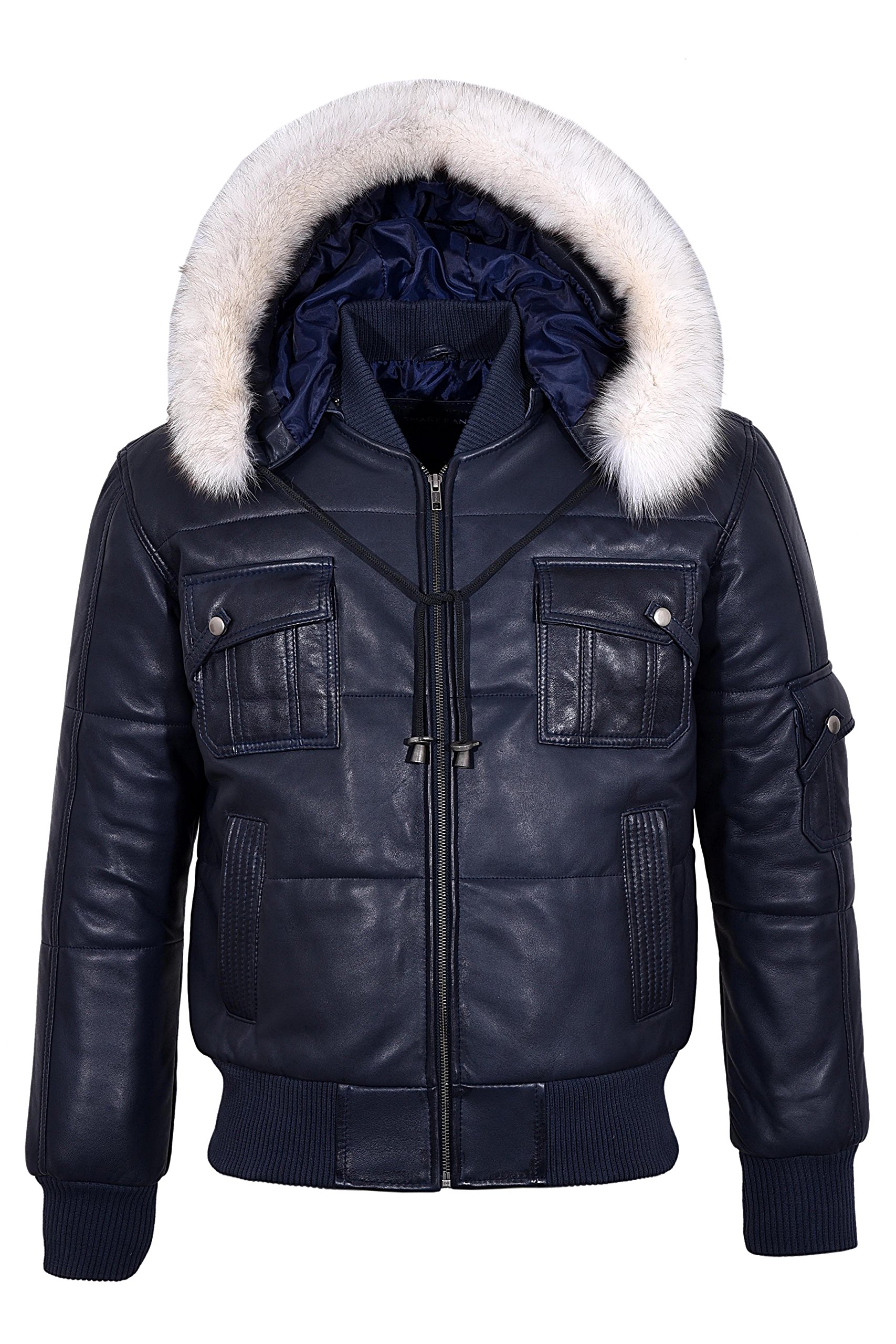 'THE PILOT SIX PUFFER' Men's Navy Hooded Bomber Genuine Real Leather Jacket (L, Navy)