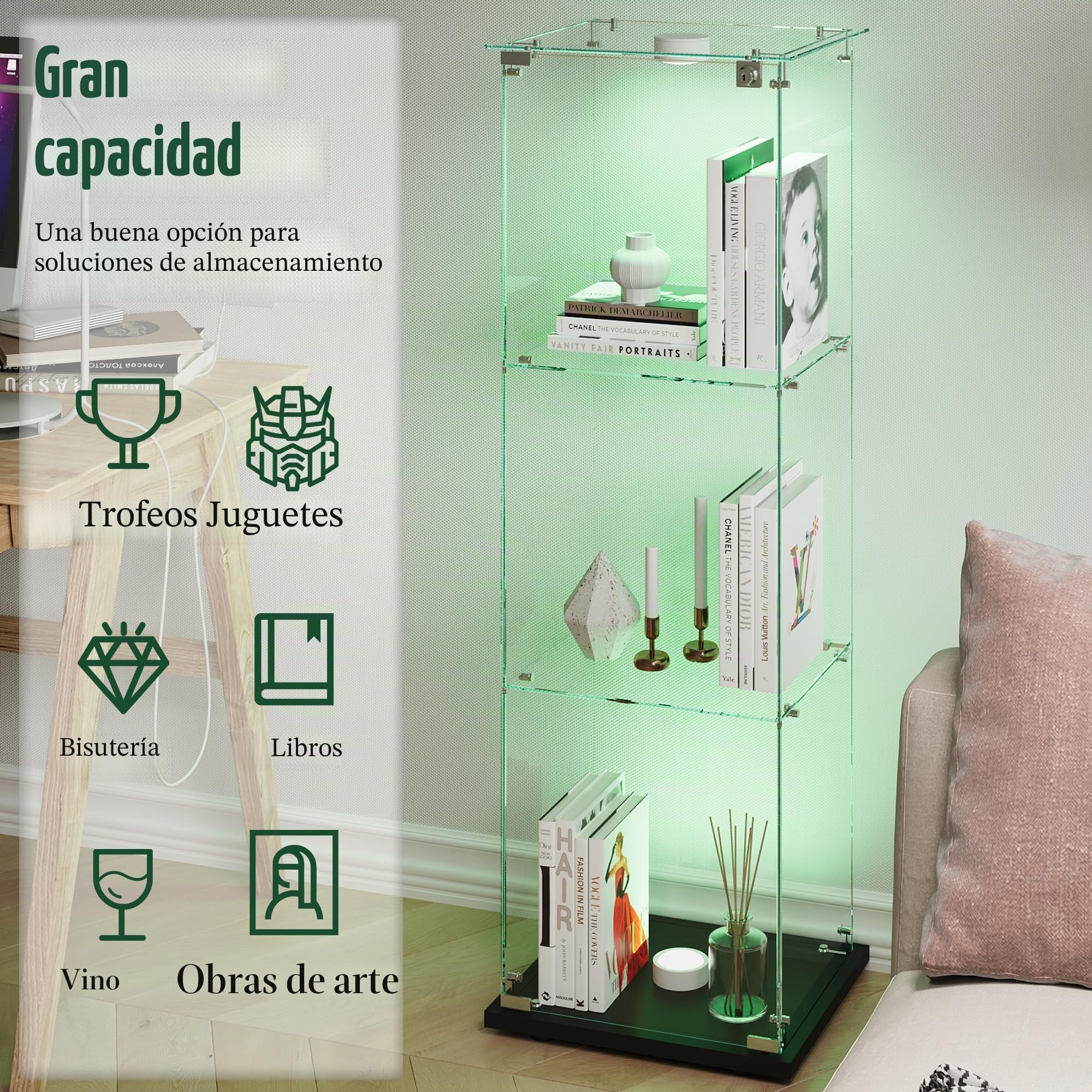 Vitrina de cristal con luces LED moderna, armario de 3 estantes y puerta, pared para colección, dormitorio, salón y comedor, 123 x 40 x 35 cm, color negro