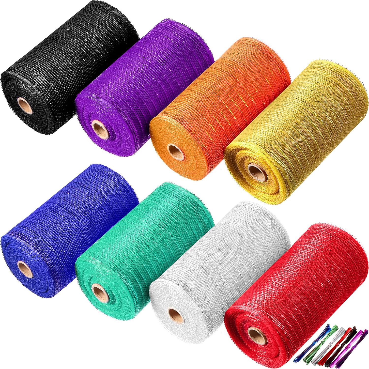 8 Rolls Mesh Ribbon Mesh Wreath Supplies Metallic Foil Mesh Ribbon with 160 Pieces Mixed Color Twist Ties for Wreaths Craft Home Decoration Supplies (Colorful, 6 Inch x 30 Feet) Colorful 6 Inch x 30 Feet