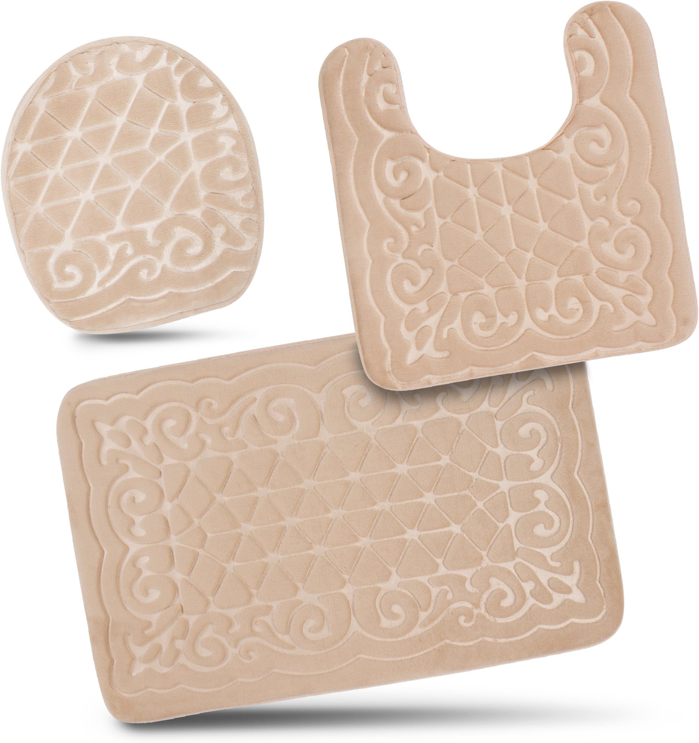Bathroom Rug Mats Set 3 Piece - Memory Foam Extra Soft Shower Bath Rugs – Contour Mat and Lid Cover - Perfect Combination of Luxury and Comfort - Beige/Designs