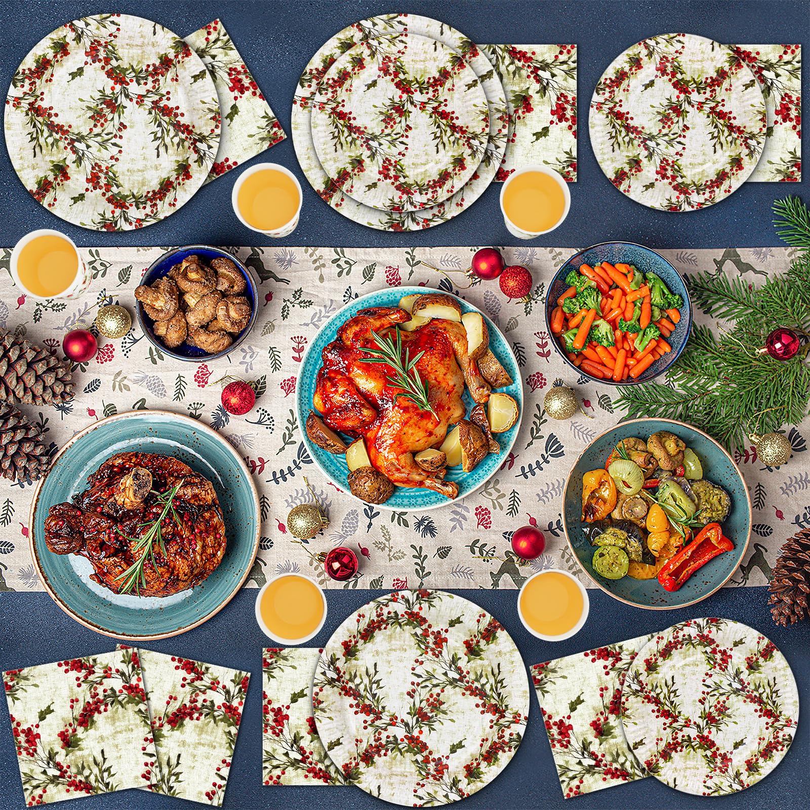 96 Pezzi Piatti, Tovaglioli e Bicchieri di carta Natale, Bacche Piatti di carta da dessert usa e getta Set di Stoviglie monouso per feste