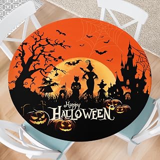 Halloween Round Fitted Tablecloth with Elastic Castle Witch Pumpkin Outdoor Tablecloth Waterproof Table Cover for Picnic Dinner Party Decor Fits 48"-52" Diameter Round Tables