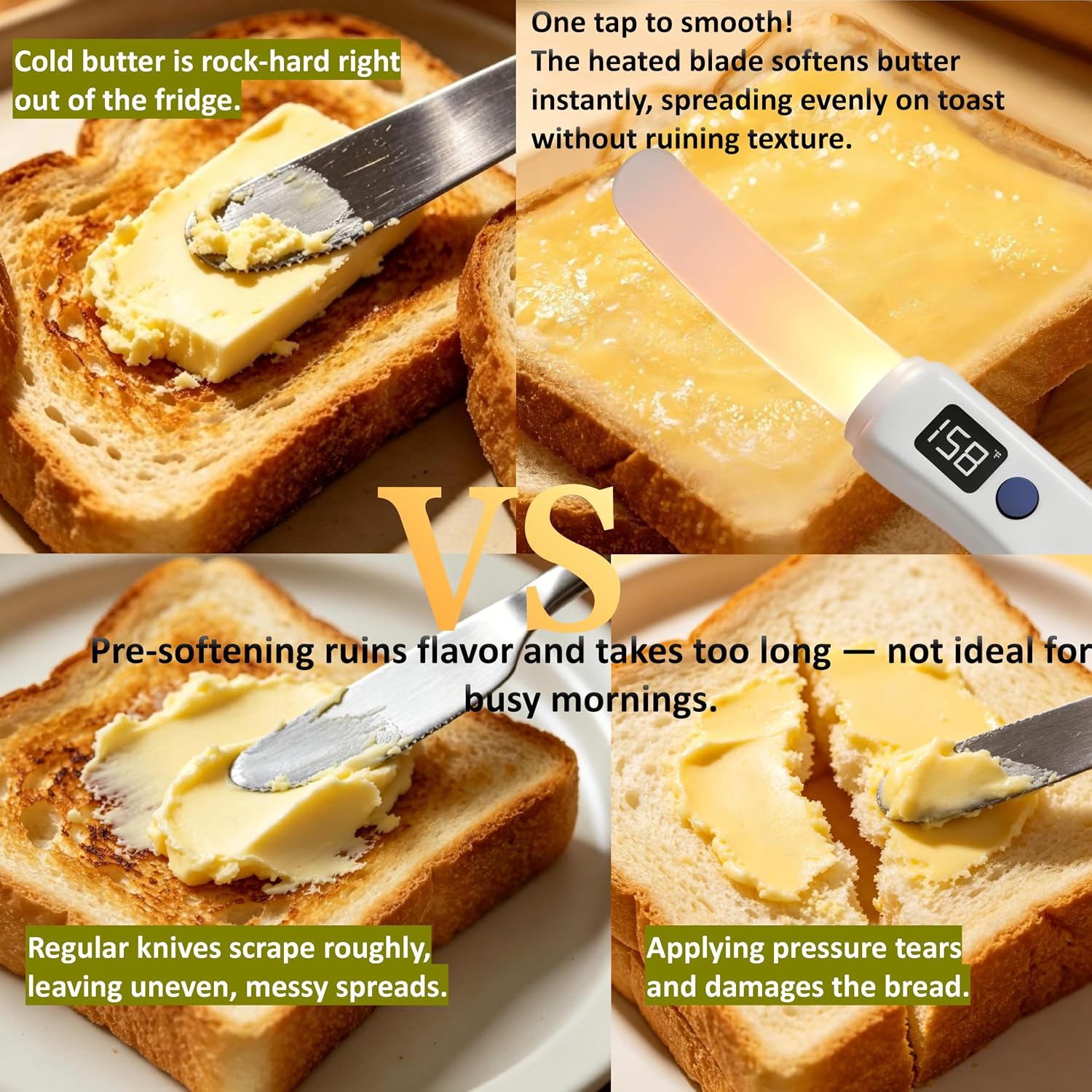 Heated Butter Spreader Knife, Cuts & Spreads Butter, USB Rechargeable Cordless Electric, Non-Stick Blade, 2 Heat Settings, Melts Cold Cheese, Peanut Butter, Jam, Honey & Cocoa, For Home, Kitchen