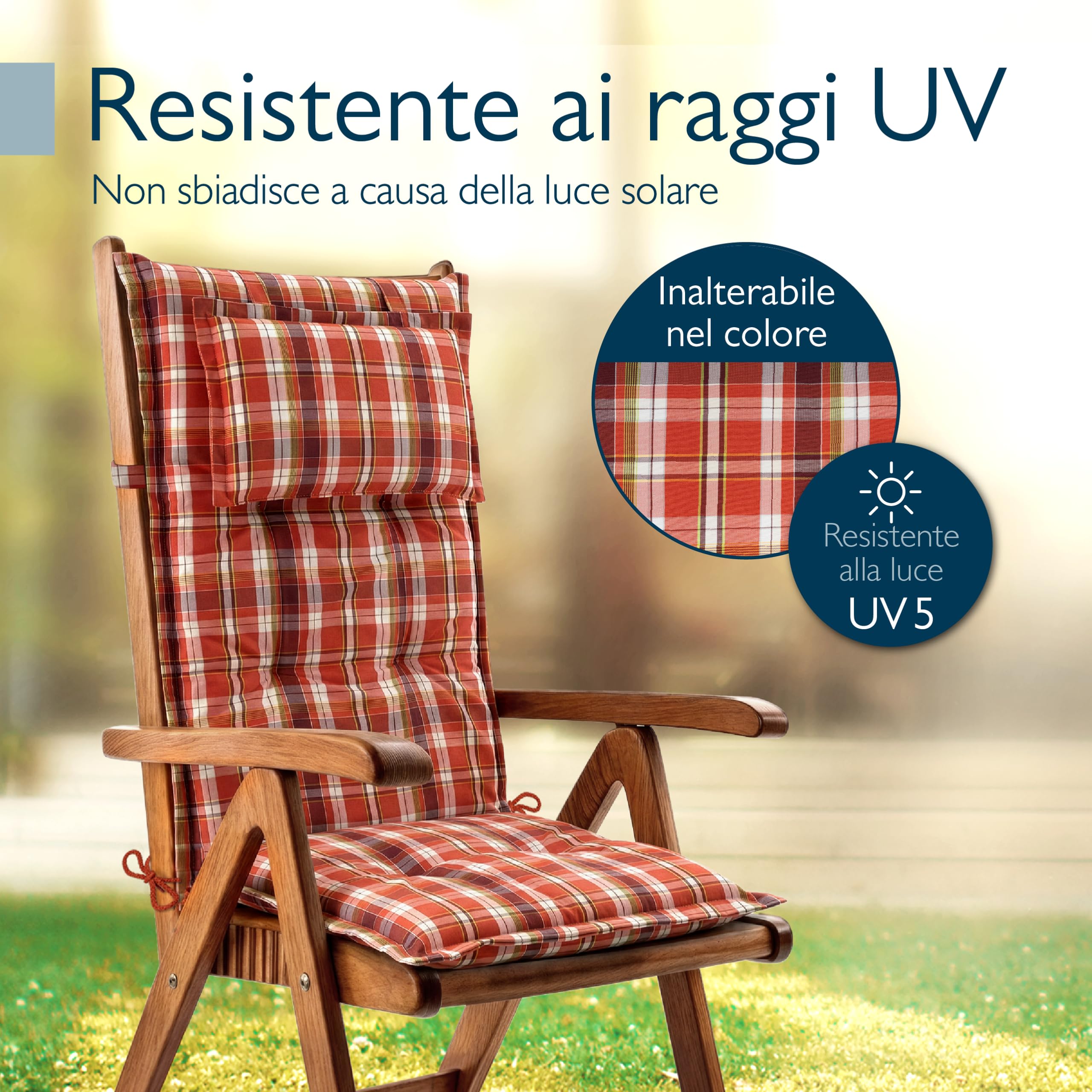 Beautissu Premium 6 Cuscini per Sedie Sdraio da Giardino 120x50cm HighLux HL – Tessuto robusto 200 g/m² – Cuscini per Sedie da Esterno Spessi 7 cm Arancione-Rosso-Verde a quadri Made in EU