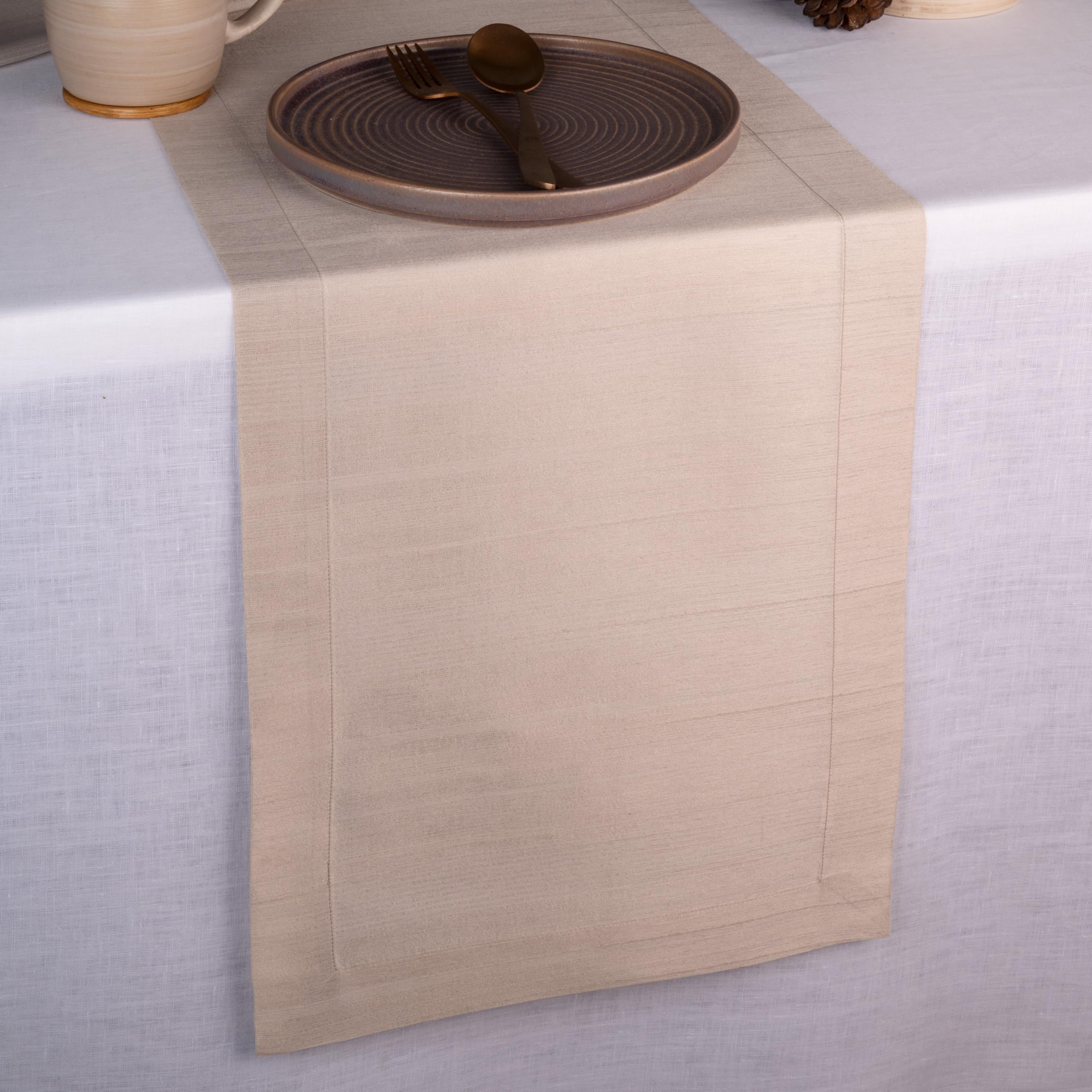 D'Moksha Natural Table Runner 120 inches Long, Silk Table Runner, Thanksgiving Table Runner, Long Table Runner for Fall, Christmas - Machine Washable, Earth Friendly - Hemmed, 14x120 inches Natural