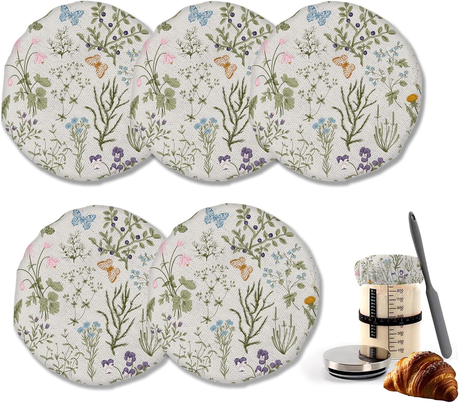 Vintage Herbs Floral Sourdough Starter Jar Cloth Covers， 5 Pack Kit Stretchy Cloth Bowl Jar Lids Fits Jar Mouth Ranging 3″- 4″ Inches