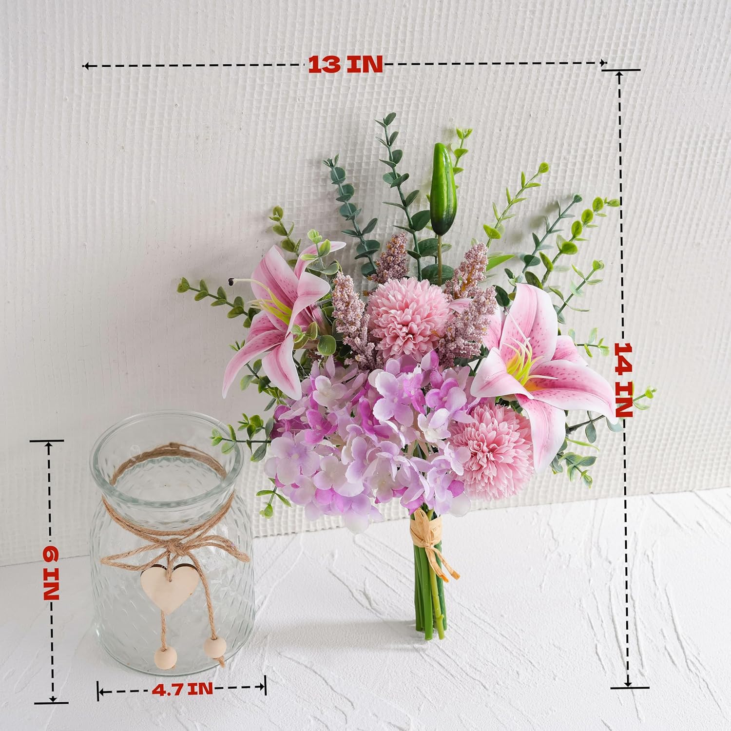 LUEUR Faux Flowers with Vase, Artificial Silk Flowers in Vase, Fake Pink Lily,Purple Hydrangea and Dandelion flower, Arrangement for Home Spring Decor Dining Table Centerpiece Decorations Coffee Table