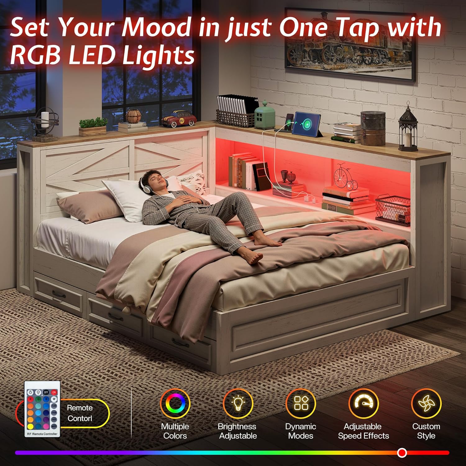 Jocisland Full Corner Bed Frame with Storage Drawers and Bookcase Headboard, Charging Station and Led Lights, Farmhouse Wood Daybed for Kids Teens, No Box Spring Needed, White