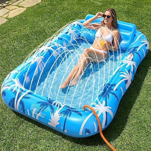 Inflatable Tanning Pool Lounger Float with Sprinkler, X-Large Pool Floats with Auto Spray Cooling, 6 in 1 Sunbathing Lounge Floatie Raft Toys, Blow Up Pool Tanning Bed for Adults Kids Gifts