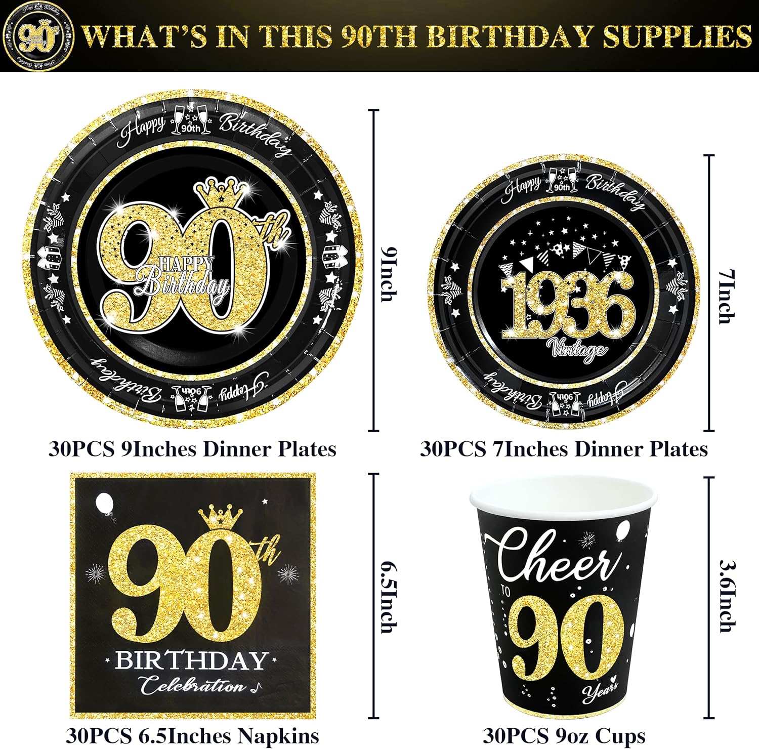 90th Birthday Decorations Black and Gold, Service for 30, Vintage 90th Birthday Party Supplies Includes Black Vintage 1936 Plates, Napkins, Cups Plates and Napkins for Men Women - Image 2
