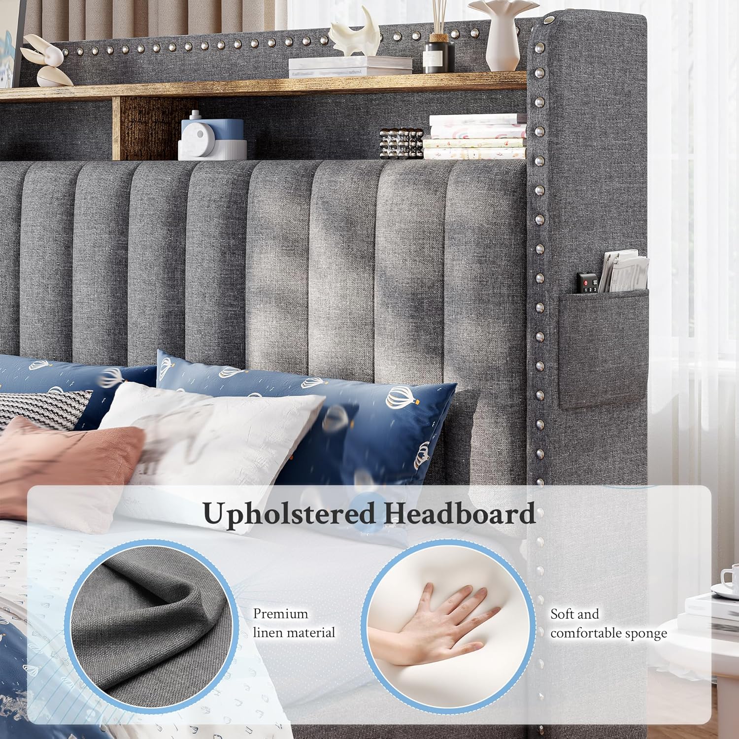 EnHomee Twin Bed Frame Upholstered Twin Bed with Storage Drawers and 2-Tier Vertical Tufted Headboard, Extra Storage Space for Bedroom Apartment, Grey