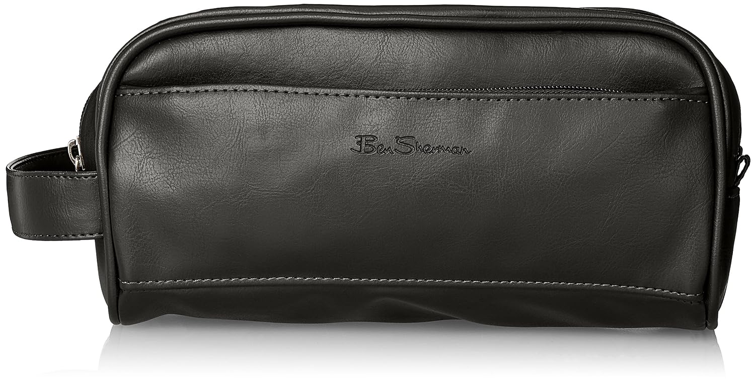 Ben Sherman Luggage Noak Hill Collection Vegan Leather Toiletry Travel Kit, Shiny Black, Double Compartment, Dual