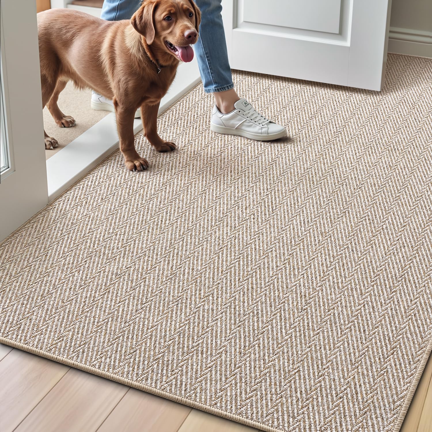 LUMI Ultra Thin Indoor Door Mat for Entrance 32"x48", Non Slip Entryway Mat, Low Profile Doormat, Unique Herringbone Design Carpet for Inside, Patio, Porch, Beige