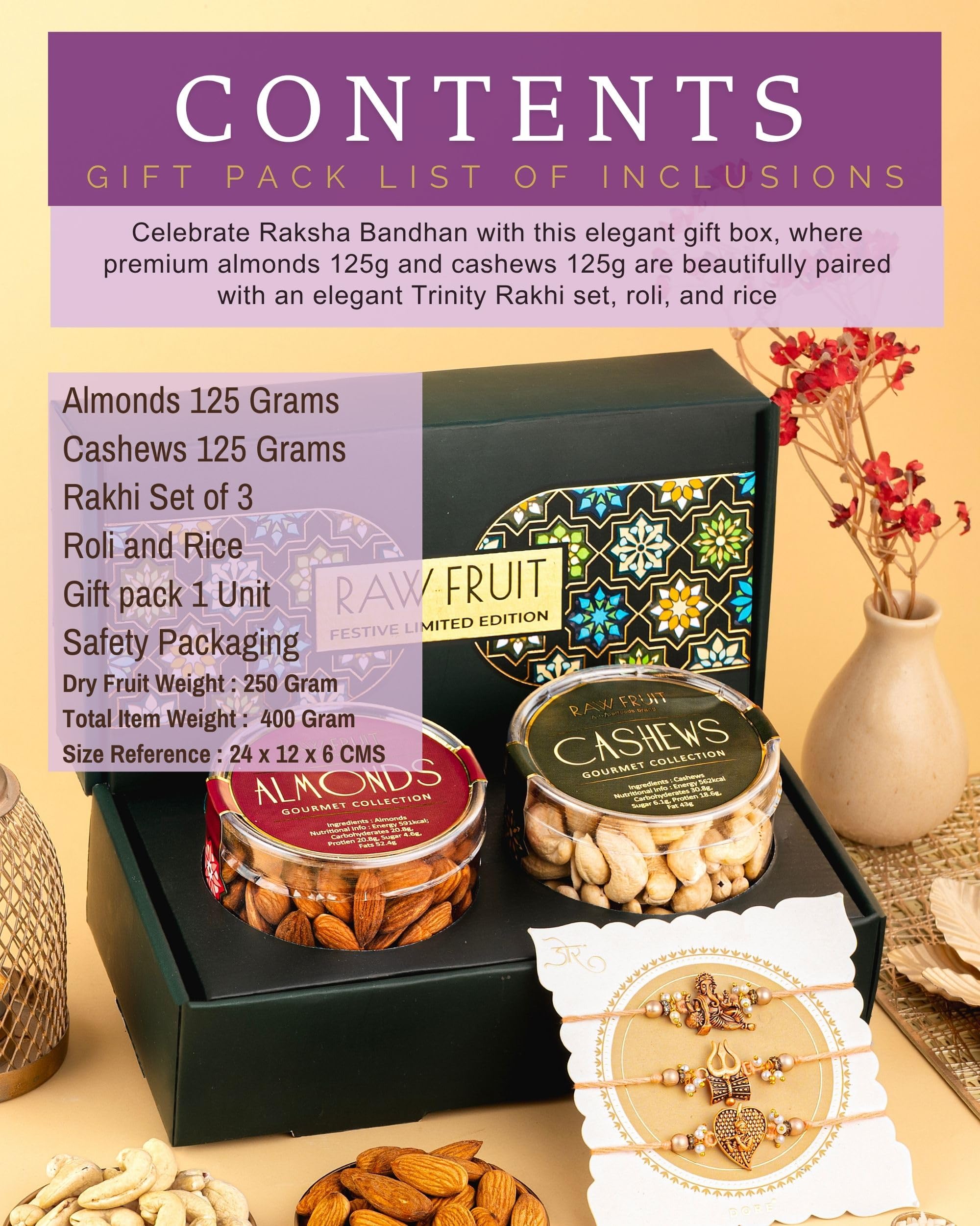 HyperFoods® Rakhi Gift For Brother with Dryfruits Cashews Almonds 250 Grams Dry Fruits Gift Pack Trinity Rakhi Set of 3 with Roli & Rice 2