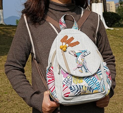 Vista 184 de HUANGGUOSHU Mujer de algodón tejido bohemio cáñamo Boho lona bordado múltiples bolsillos retro linda mochila cartera mochila mochila gato caprichoso