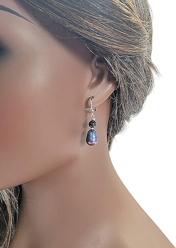 Miniatura 4 de Pendiente de gota de perlas de agua dulce negra, chapado en oro blanco sobre gancho de plata de ley 925, regalo de piedra natal de junio para ella