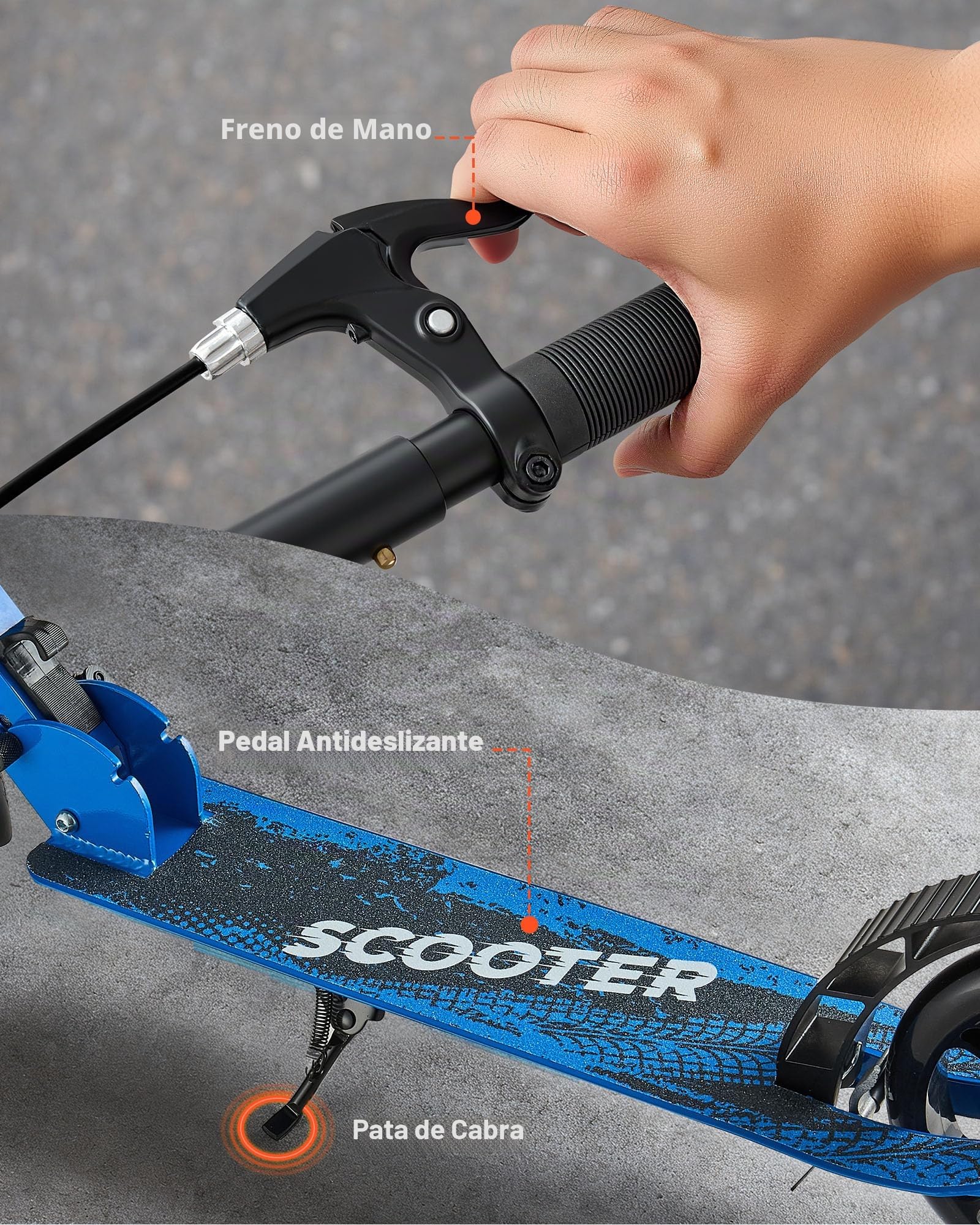 VEVOR Patinete a Niños a Partir de 8 Años, 2 Ruedas, con Manillar Regulable en Altura y Base Antideslizante, Freno Mano, Marco de Aleación Aluminio, hasta 100 kg, Negro Azul, 900 x 380 x 1000 mm