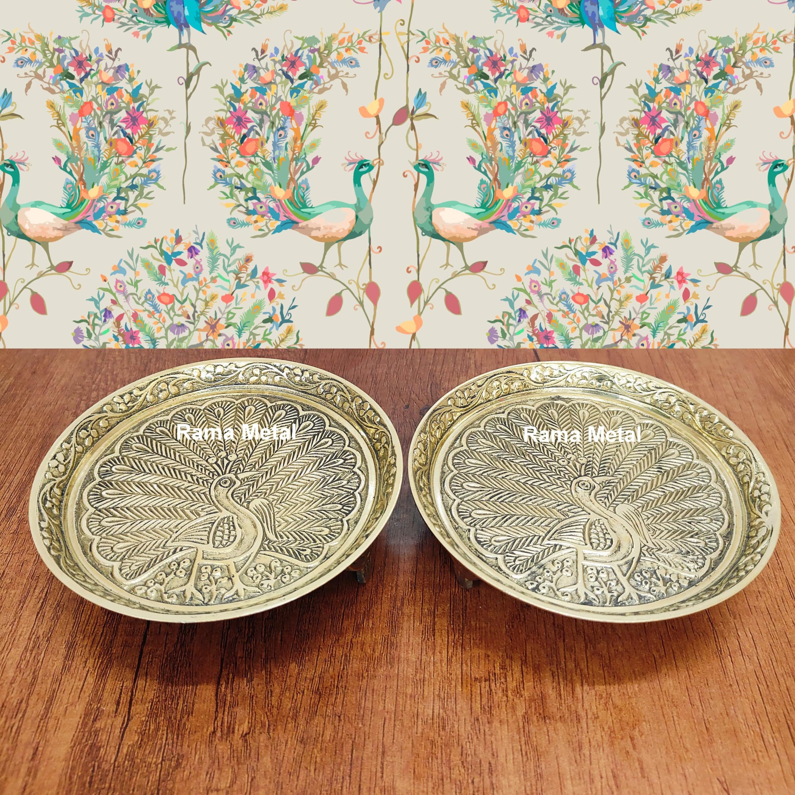 RAMA METAL Brass MUKALI Stand | Peacock Stool | Pooja CHOWKI Figurine (2 Piece, Yellow, Small)