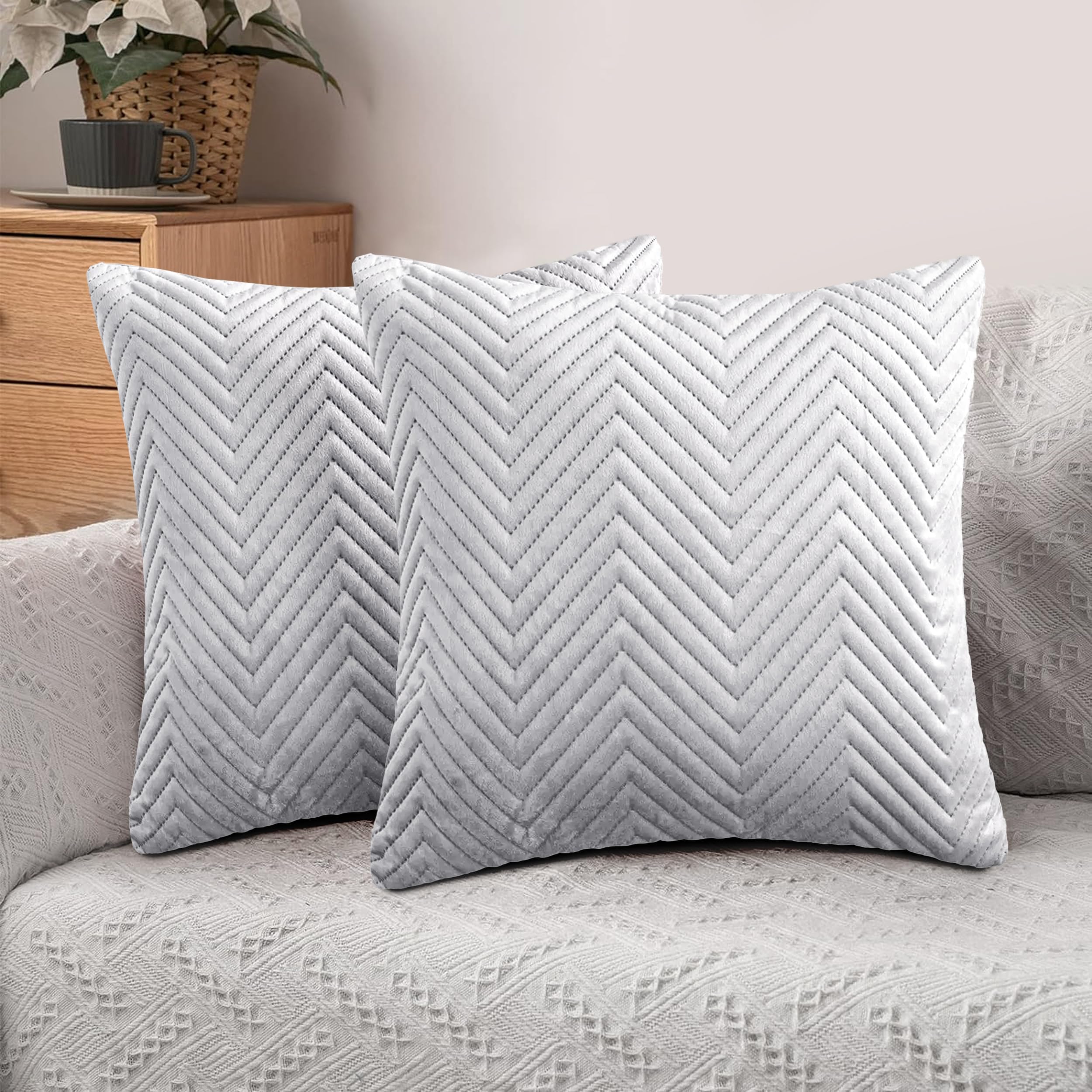 Hafaa Cushions with Covers Included 45 x 45 Cm Set of 4 (2 Silver Cushion Covers, 2 Cushion Inserts) - Ultrasonic Velvet Square Throw Pillow Case Sofa Cushion with Invisible Zipper