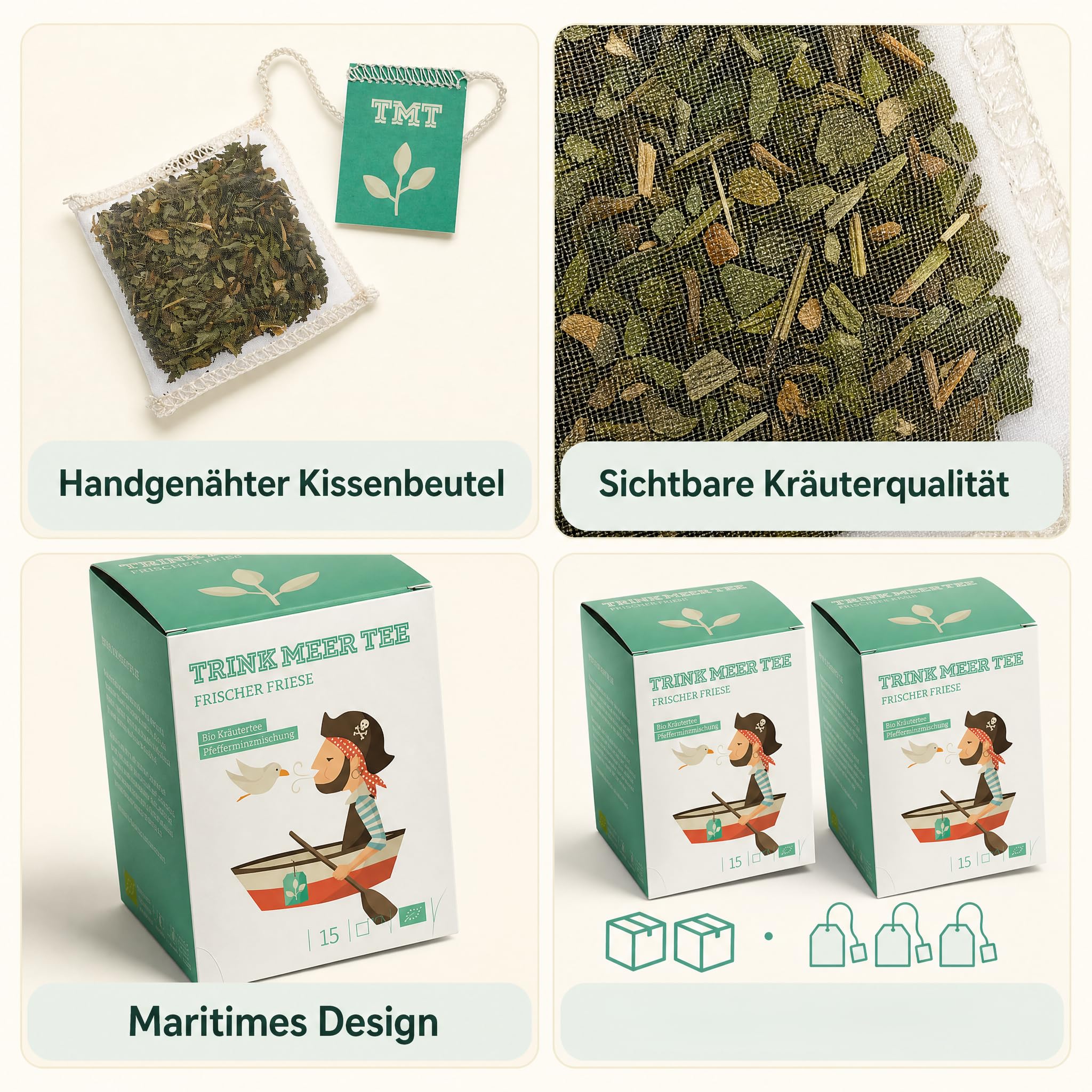 6 x Trink Meer Tee Pfefferminztee Frischer Friese Premium Kräutertee in Teebeuteln, erfrischend und aromatisch, handgenähte Kissenbeutel aus Netzmaterial, maritimes Design