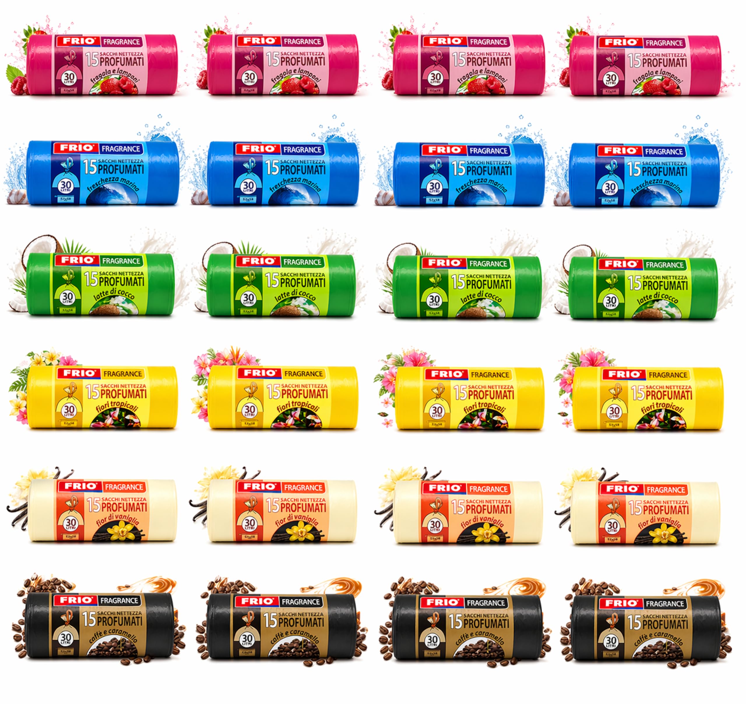 FRIO Multifrutti – 360 Sacchetti Spazzatura 30L Profumati, 24 Rotoli da 15 Sacchi con 6 Aromi e Colori Assortiti, 52x58 cm, Buste Pattumiera Resistenti e Antigoccia