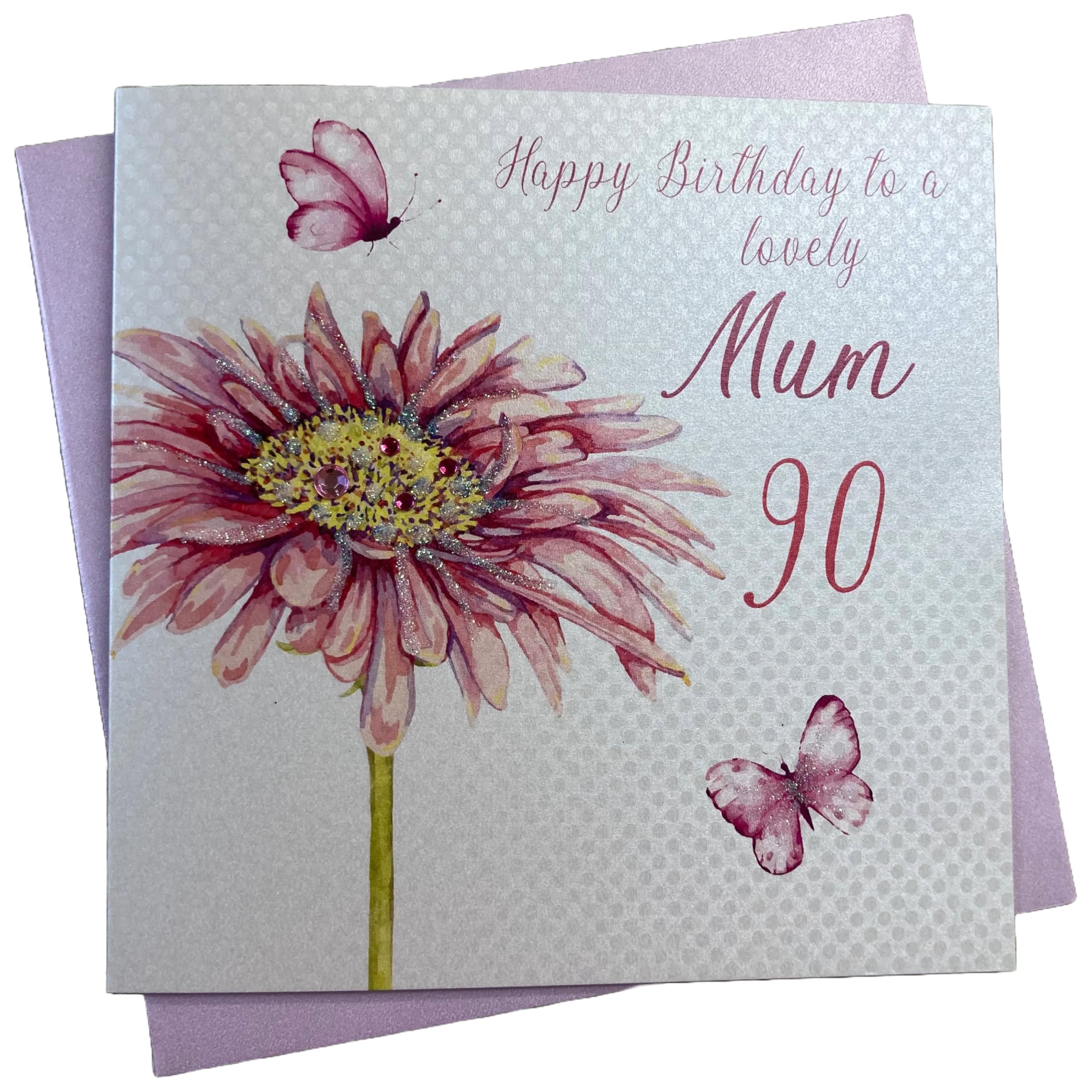 WHITE COTTON CARDS Happy 90th Birthday to a Lovely Mum Handmade Card Pink Gerbera Flower, DS25, 15cm x 15cm
