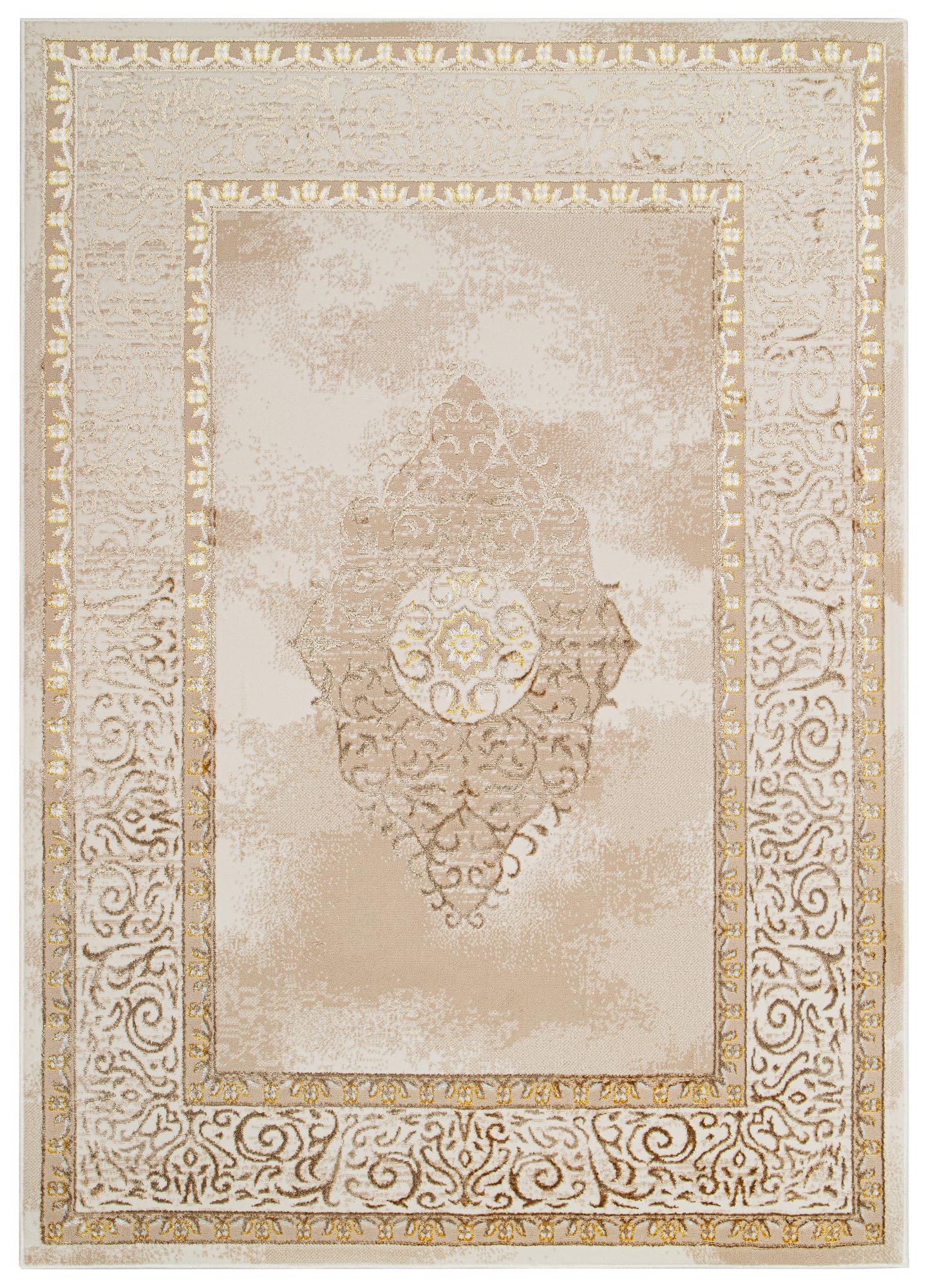 TAPISO Ares Tapis Poils Courts Traditionnel Or Marron Beige Ornamental Médaillon Bordure Effet 3D Brillant Doux Tapis Salon Chambre Oeko-TEX Résistant 200 x 300 cm