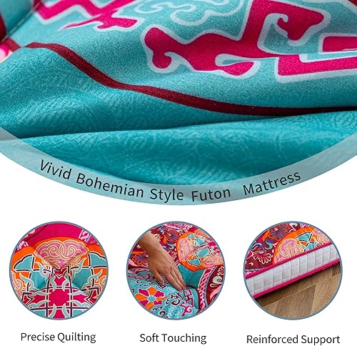 Miniatura 6 de MAXYOYO Colchón tipo futón de estilo bohemio, acolchado japonés, extra grueso, plegable, transpirable, tumbona para el suelo, cama de invitados para