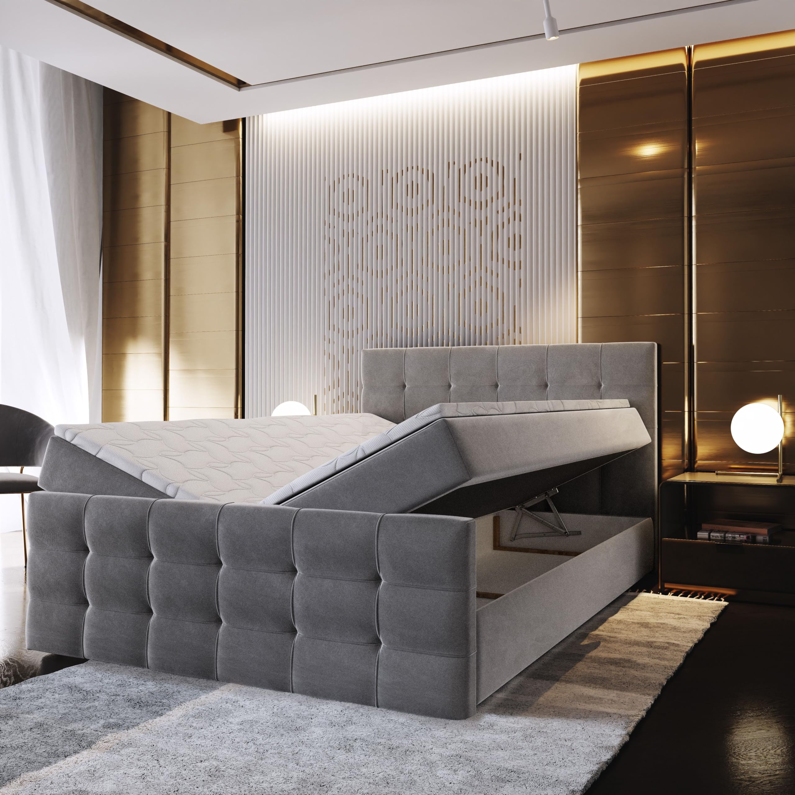 Masseno Boxspringbett Amon 180x200 cm Komplett-Set mit Matratze und Topper, Polsterbett mit Zwei Bettkästen -Grau, Cosmic 160