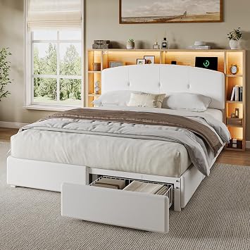 Einhomn Queen Bed Frame with 5-Tier Storage Headboard & 4 Large Drawers, Curved Velvet Upholstered Platform Bed with LED Lights & Charging Station, Heavy Duty Slats Support, Noise-Free, White