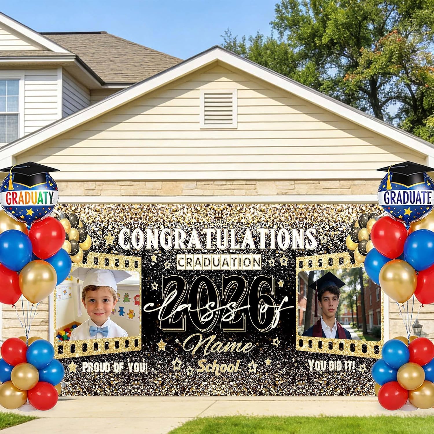 Personalized Graduation Garage Door Cover Black Gold Graduation Decorations Congratulations Banner Class of 2026 Custom Photos Name School Congrat Grad Party Decor for Outdoor Garage Door 16X7FT