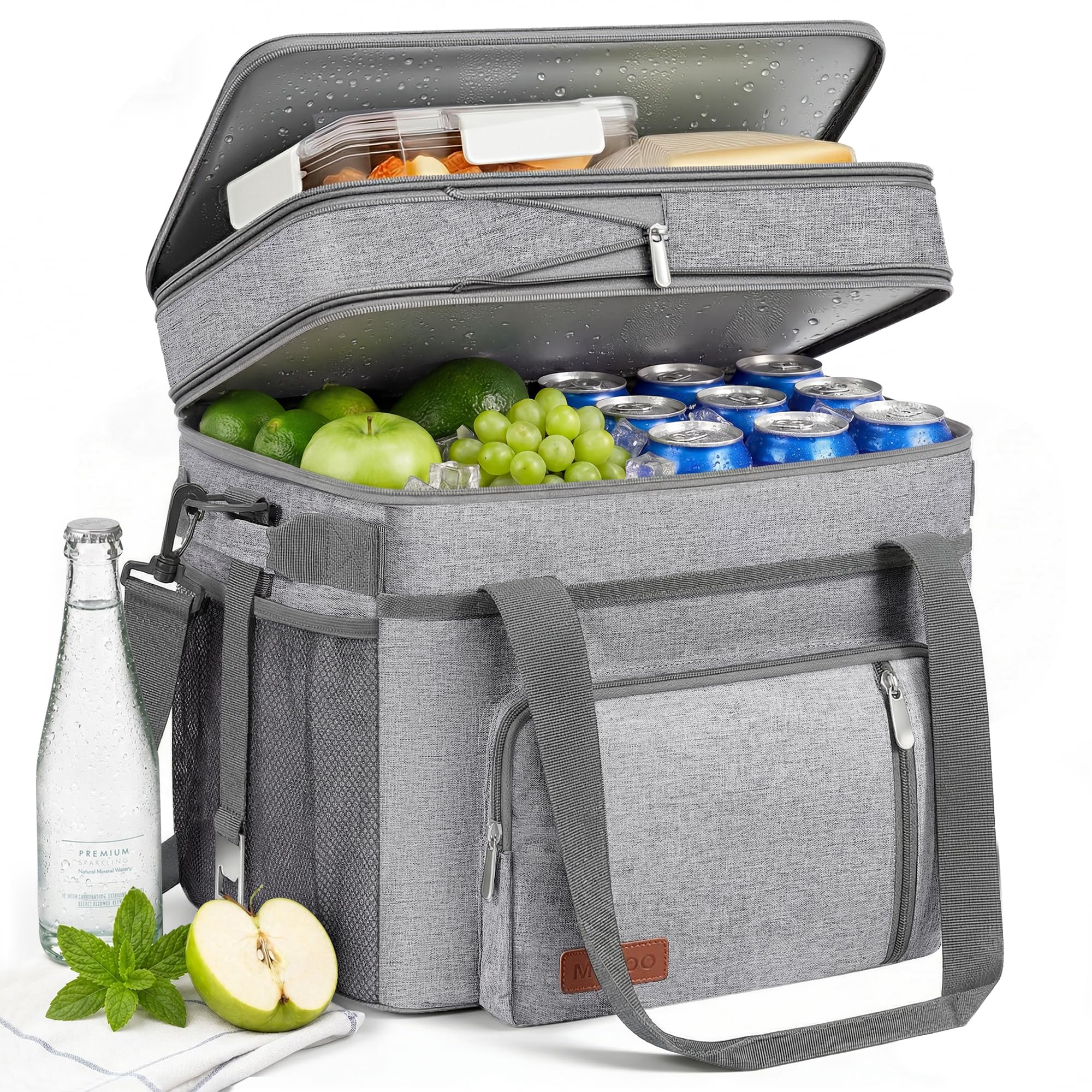 Borsa Frigo Doppia Strato Morbida, Borsa Pranzo Isolata Impermeabile Portatile, Contenitore Termico Extra Large Espandibile per Spiaggia, Picnic, Camping, Shopping - MIYCOO-Grigio