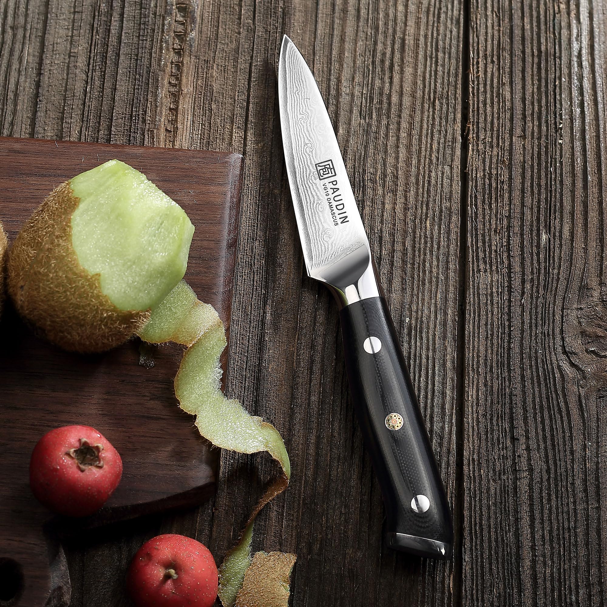 PAUDIN Damastmesser 9 cm – Gemüsemesser Schälmesser Obstmesser – VG10 Profi-Küchenmesser mit schwarzem ergonomischem G10-Griff