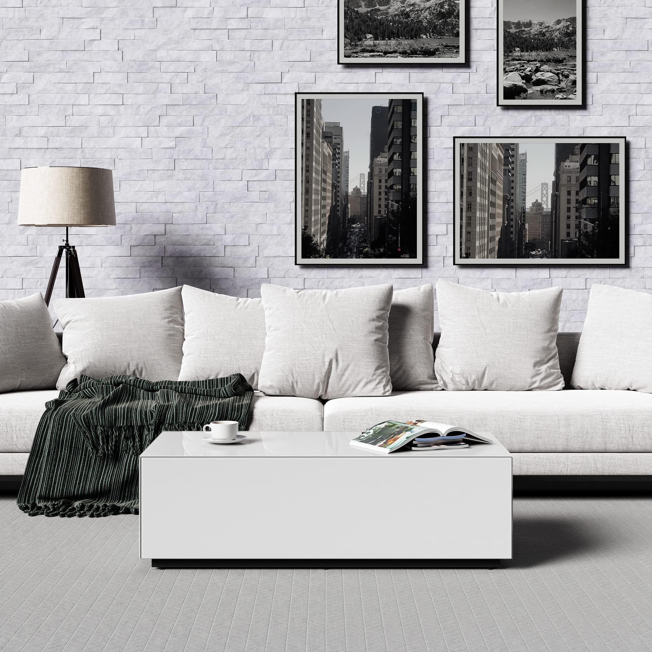 SONOROUS Premium Tempered Glass Coffee Table - Fingerprint Resistant Luxury Center Table for Living Room - High Gloss Coffee Table - Modern Rectangular Table Sleek Design - White