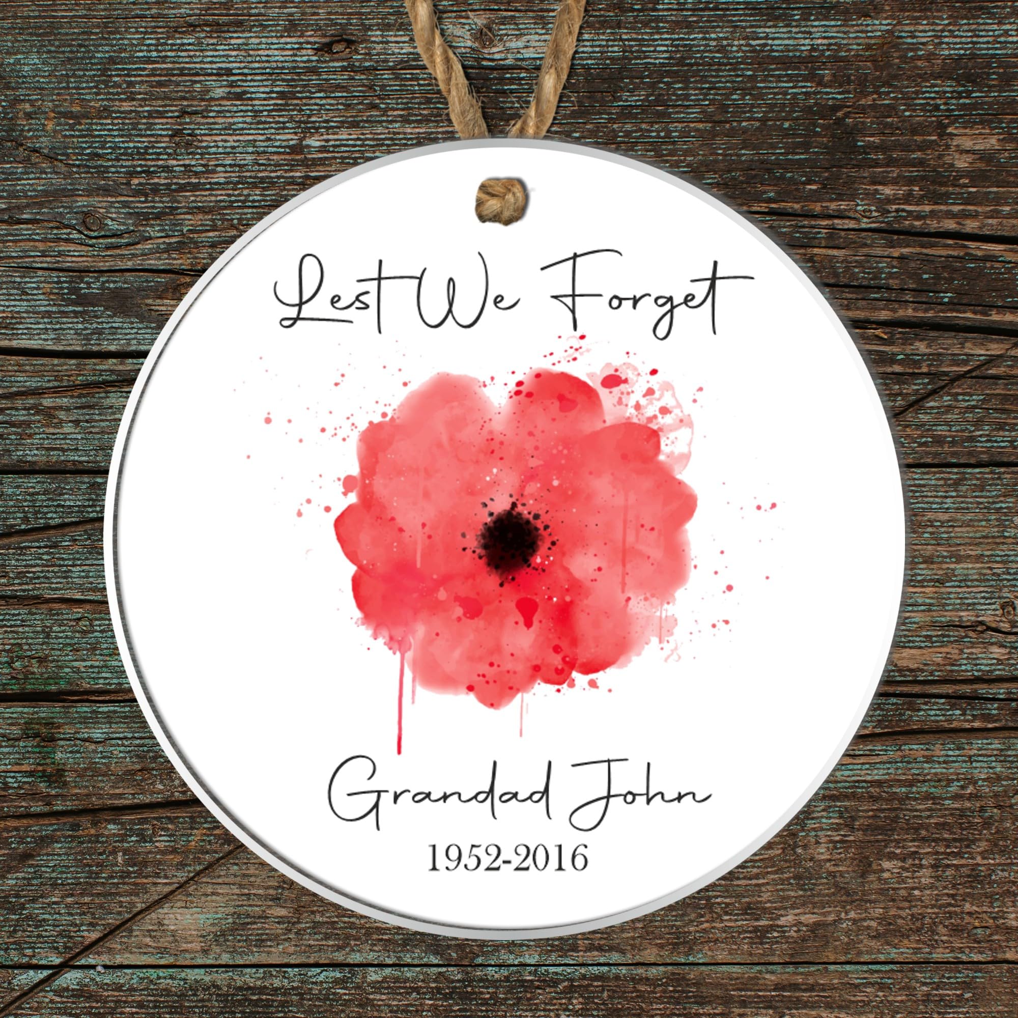 Personalised "Lest We Forget" Remembrance Day Bauble – Keepsake Decoration – Modern Rustic Memorial Gift Tag – Honour Sacrifice Tribute (Design 2, Acrylic Indoor & Outdoor Use 9cm x 9cm)