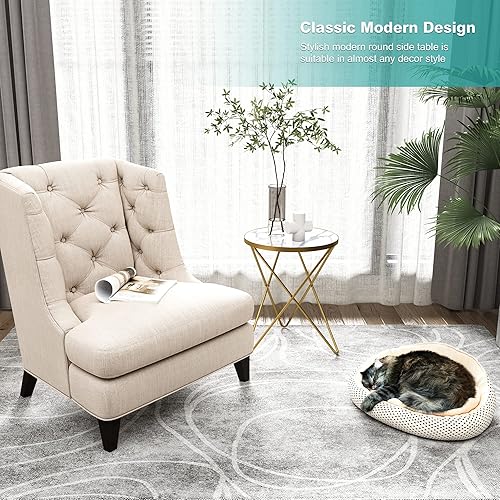 Miniatura 3 de HLR Modern Round Side Table, End Table with Marble Effect Top and Gold Metal Frame, Small Side Table for Living Room, Bedroom, Sofa and Couch, Gold