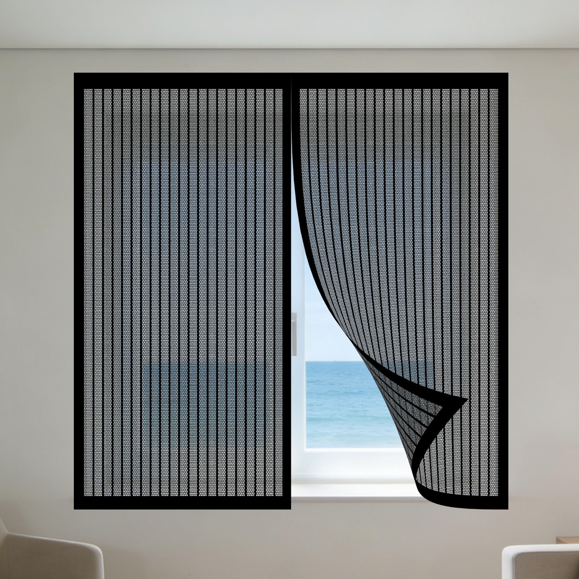 Moustiquaire fenêtre amovible 190x150cm et rideau moustiquaire magnétique noir