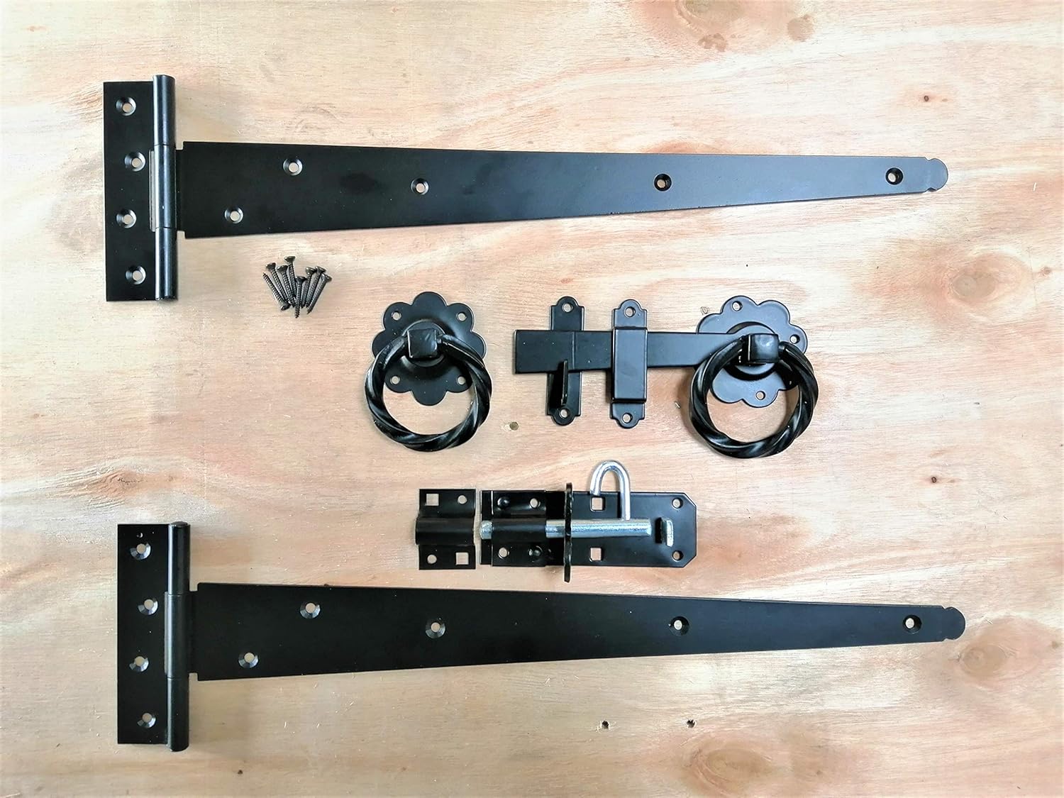 Tee Hinge (2) 18" 450mm Twisted Ring Latch Fitting Kit Wooden Garden Gate Black, Supplied with All The Fixings