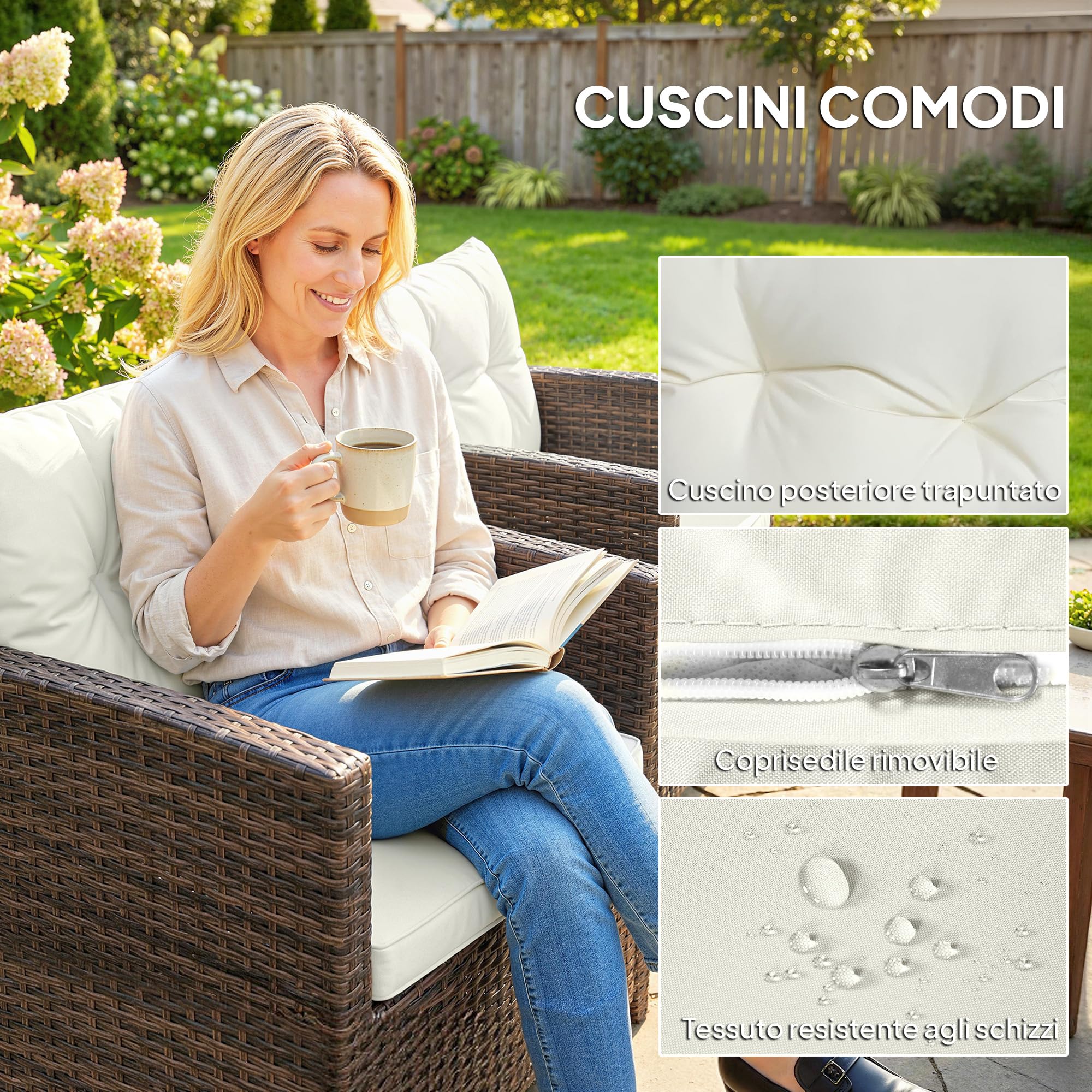 Outsunny Set da Giardino 3 Pezzi in Rattan PE e Acciaio, Set 2 Poltrone con Cuscini e Tavolino da Caffè con Piano in Vetro, Set di Mobili da Balcone, per Patio e Cortile, Marrone e Crema