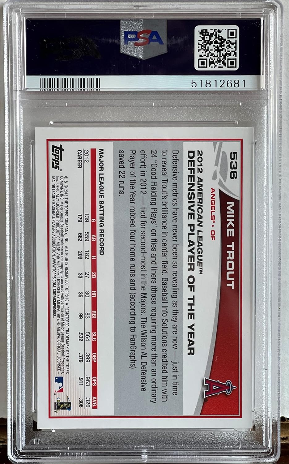 Mike Trout PSA 9 Mint Graded 2012 American League Defensive Player of the Year Collectible Baseball Card - 2013 Topps Baseball Card #536 (Angels) Free Shipping