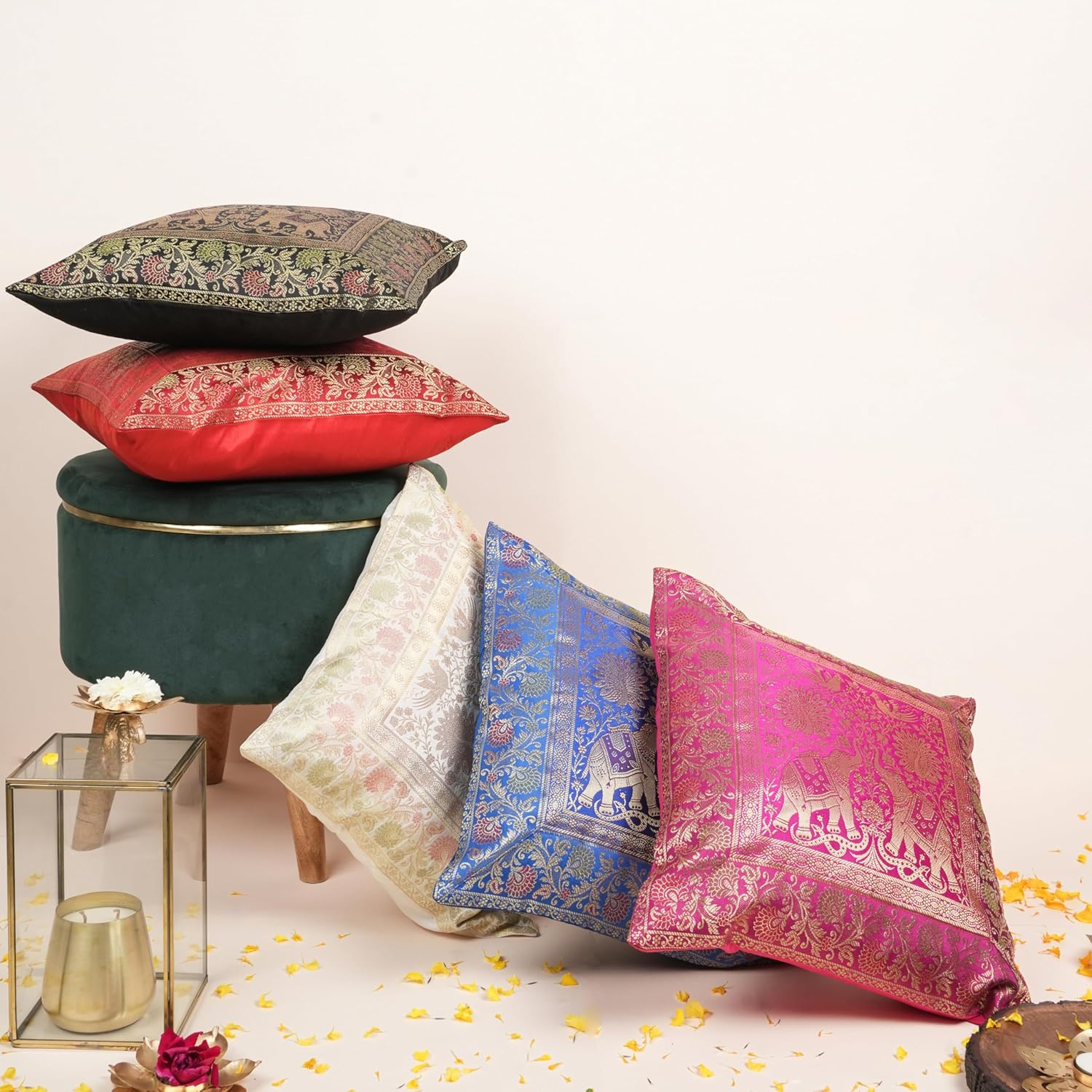 RAJRANG Lumbar Pillow Decorative Silk Cushion Covers 16x16 Inches Indian Ethnic Bohemian Pillows Home Decor Kantha Elephant Decorative Cases Set of 5