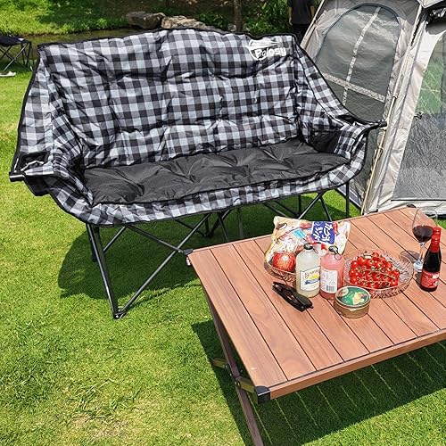 Miniatura 2 de Silla de camping doble acolchada plegable para 2 personas, sillas de césped resistentes, sofá de camping para exteriores