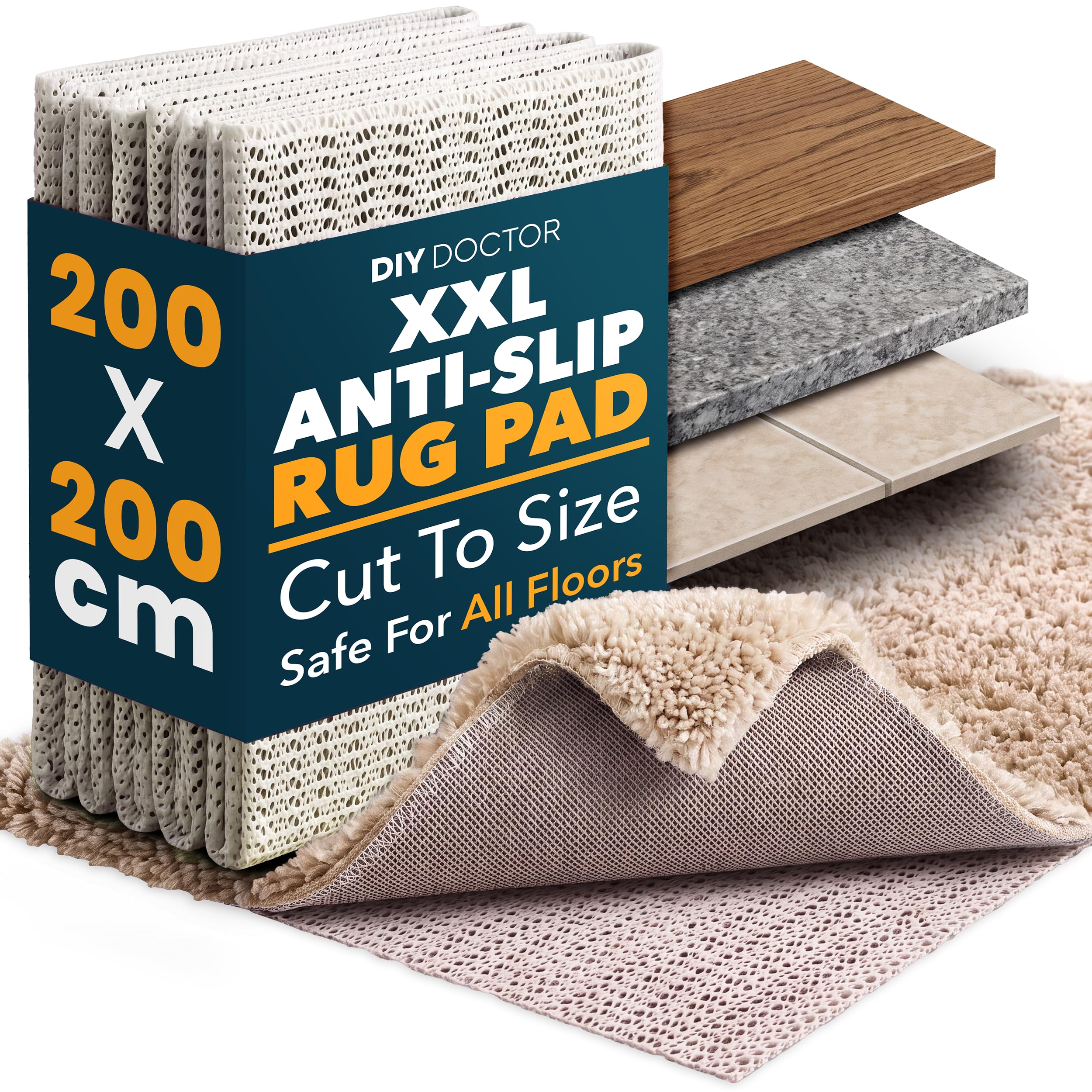 DIY Doctor XXL Rug Gripper (1 Pack) – 200x200cm Non-Slip Matting Roll – Anti Slip Rug Underlay for Hardwood, Tile & Laminate – Rug Grip Stopper & Non-Slip Mat for Floors